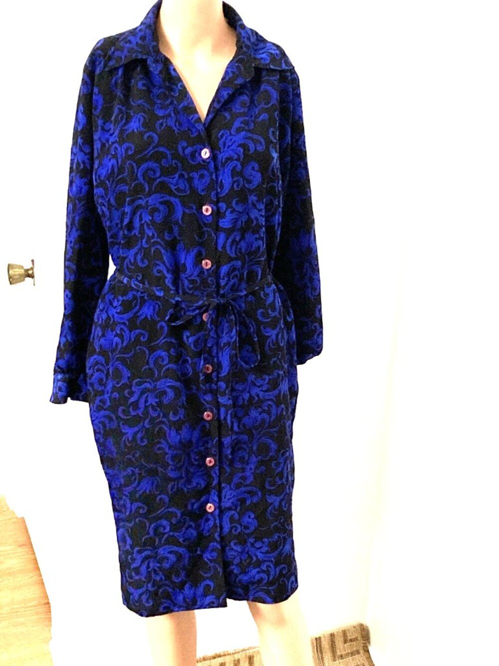 Draper's & Damon's Blue Black Floral Button-Front Belted Shirt Midi Dress 8P